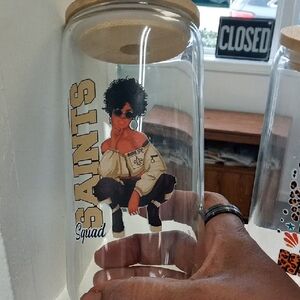 Drinking Glass with Bamboo Lid - Black and Brown Design